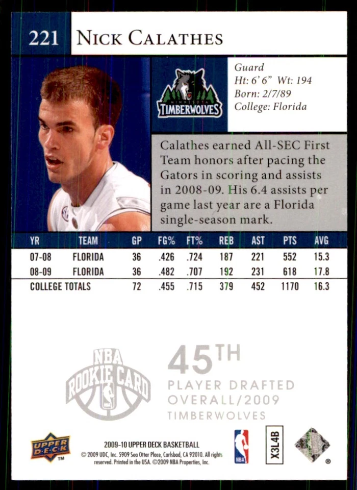 2009-10 Upper Deck Nick Calathes RC Minnesota Timberwolves #221 - Image 2 of 2