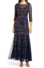 NWT 268 Pisarro Nights Sequin Beaded Illusion Mesh 3/4 Sleeve Gown Navy 2