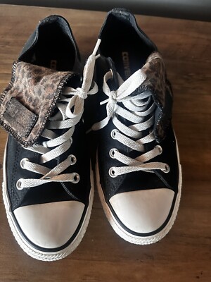 Converse Low Top Black Womens Size All Star Fold over Tongue cheetah  print