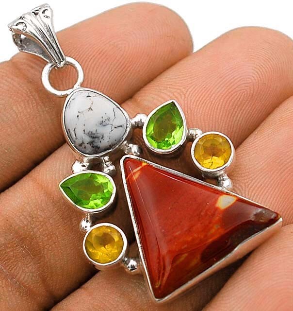 Natural Australian Mookaite & Multi-Gemstone 925 Sterling Silver Pendant,