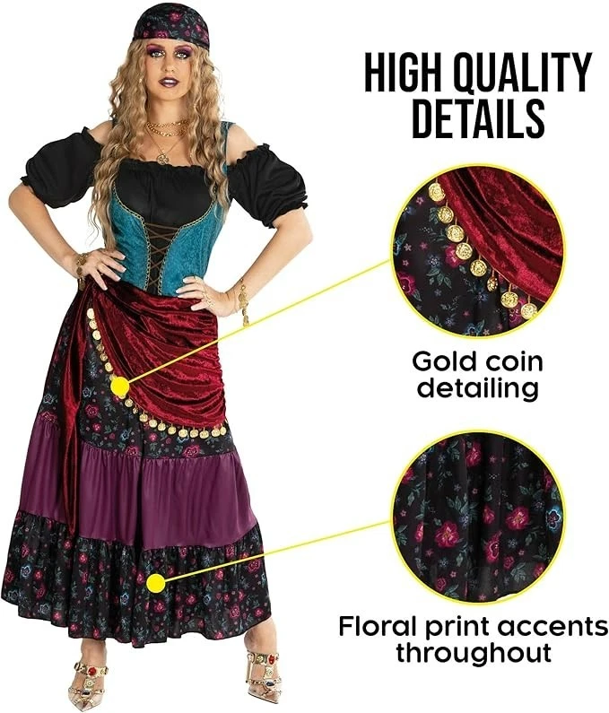 Women`s Gypsy Fortune Teller Costume Adult Mystic Tarot Reader Dress Cards S-2XL - Image 3 of 4