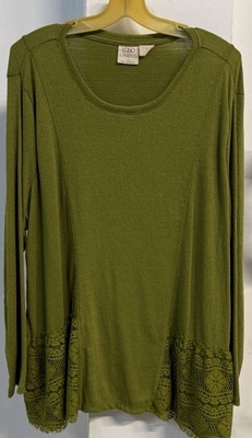 #124 LOGO Linens by Lori Goldstein Scoop Neck Knit Top with Crochet Lace Size XL