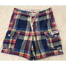 Abercrombie  Fitch Mens L Board Shorts Trunk Blue Pink Plaid Cargo Pockets
