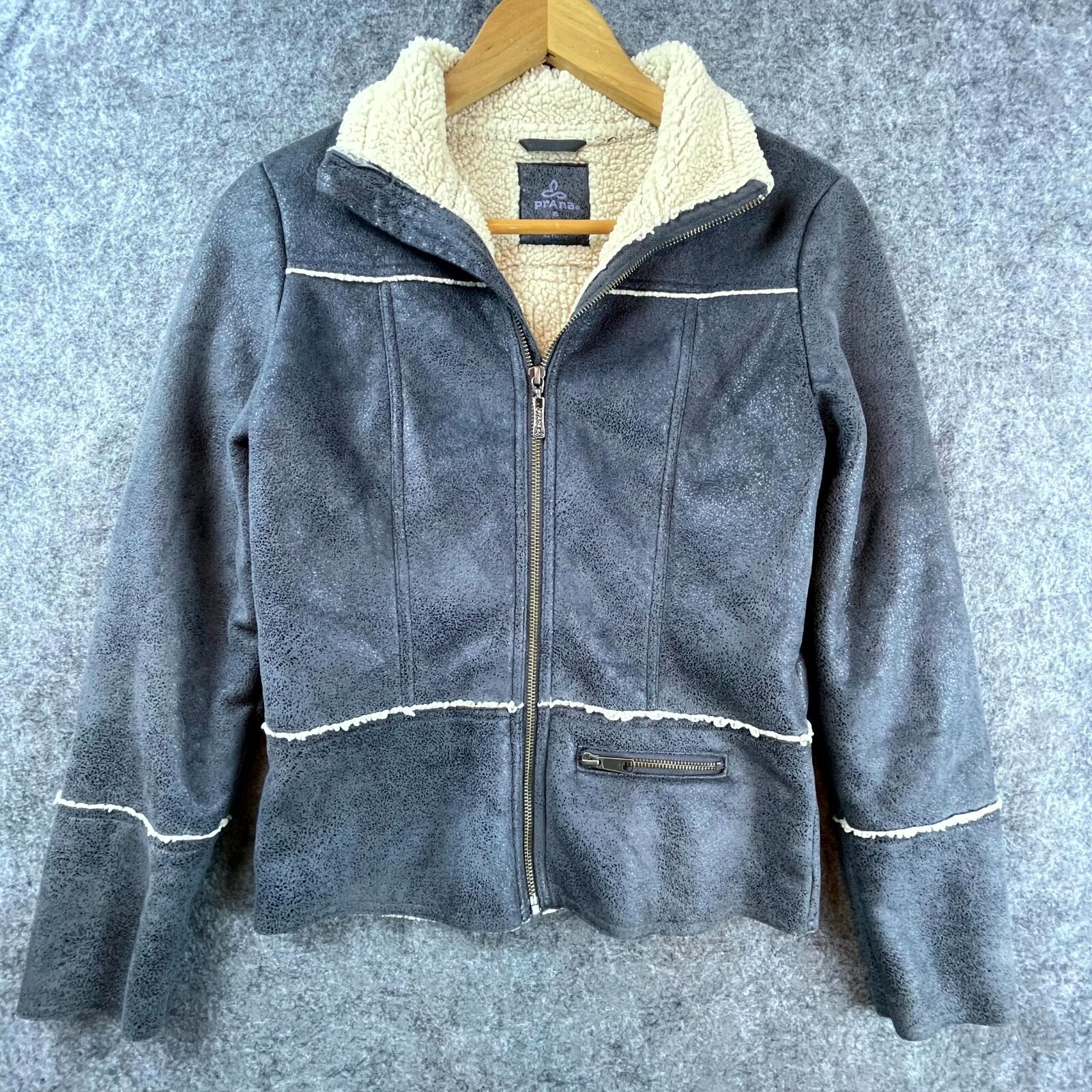 prAna Esme Jacket Womens Extra Small Grey Sherpa Lined Faux Suede Moto Shearling