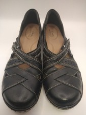 Clarks Womens Black Leather Slip-On Shoes With Stitch Detailing  Adjustable Str