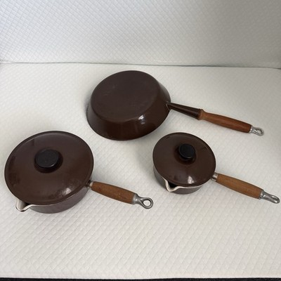 VTG Le Creuset 3 Pc Set Brown Wood Handle Saucepan Skillet Pot Enameled France