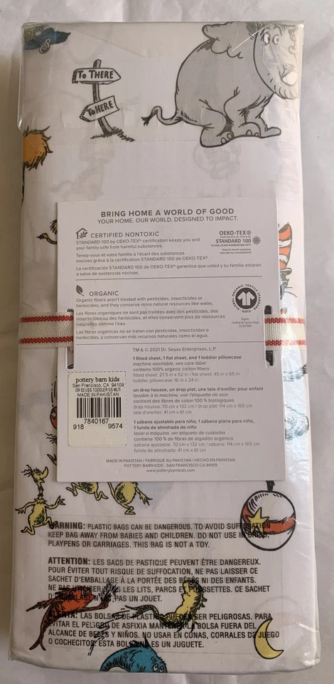  Juego de sábanas de algodón orgánico Pottery Barn Kids Dr. Suess TODDLER - 3 piezas - Nuevo en paquete Foto 2 de 4