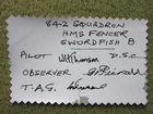 ORIGINAL FAIREY SWORDFISH FLOWN FABRIC SIGNED by ESCORT CARRIER CREW OF 3