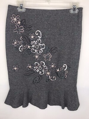 Laundry by Shelli Segal Women Gray Wool Skirt 0 Embroidered Floral Beads Ruffle