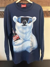 Vintage 1994 Coke Polar Bear Long Sleeve T-Shirt Size Large Blue Made In USA
