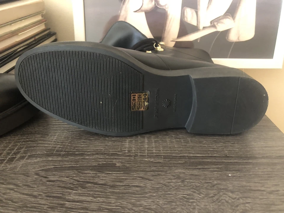 $600 STUART WEITZMAN boots BLACK LEATHER STACKED Sz 8.5 - Image 3 of 4