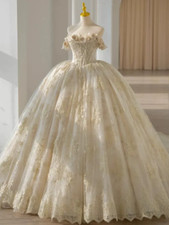 Elegant Bohemian Wedding Dresses A Line Off Shoulder luxury lace Appliqued Tulle