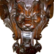 FRENCH ANTIQUE CARVED WOOD OAK DECOR PEDIMENT DEVIL SATAN circa 19th 40 x 36cm