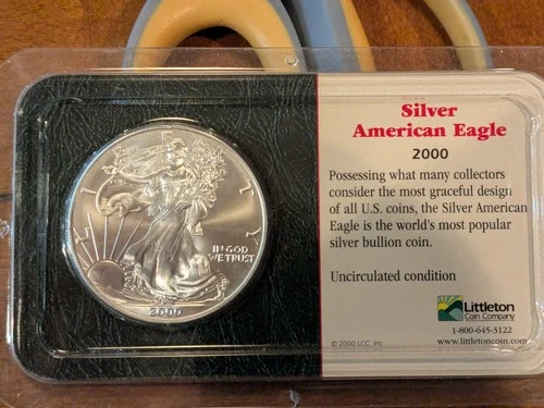 2000 Silver Eagle 1 oz in Littleton Holder Stunning UNC