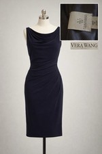 Vera Wang Navy Jersey Cowl Neck Ruched Stretch Sheath Knee Dress Women 10