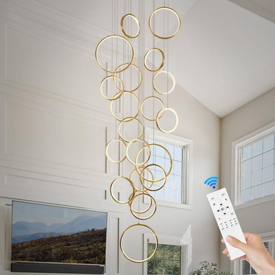Benkut 20 Ring High Ceiling Chandelier Foyer, Gold Modern LED Large Staircase...