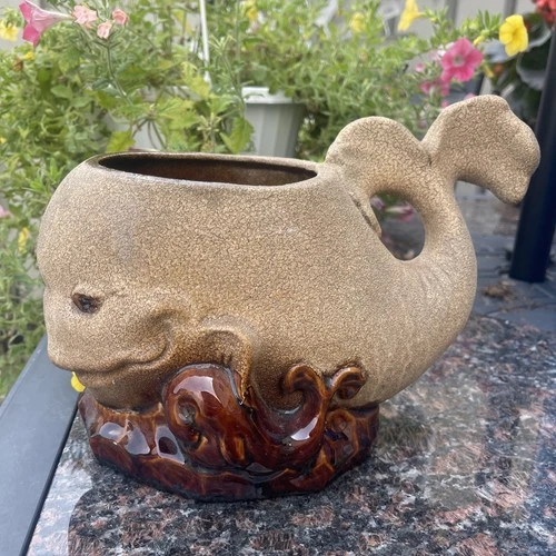 Royal Haeger Whale & Baby Planter Mid-Century Bennington Sand & Brown Glaze USA