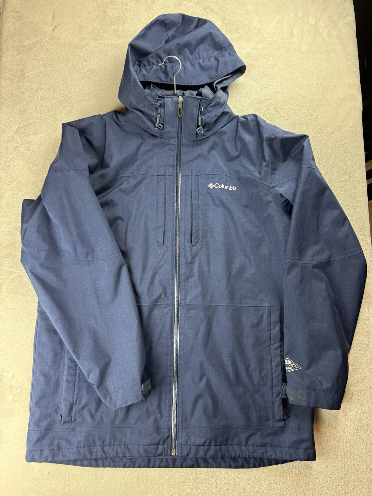 Columbia Navy Blue Omni-Tech Parka Jacket Men L Large Rain Coat Windbreaker Hood