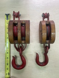 PAIR of Vintage Anvil Block and Tackle Double Wheel Pulley Hooks Wood Metal Iron