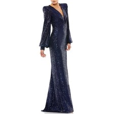 Mac Duggal 26722 Blue Formal Dress Sequin Long Sleeve A-Line Evening Gown Size 6