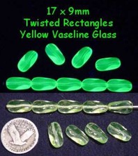 10 Pcs 17 x 9mm TWISTED RECTANGLES CZECH Yellow VASELINE/URANIUM GLASS BEADS