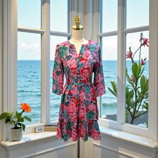 Talbot’s women’s Floral Belted Shirt Dress Sketched Blooms Cotton Midi Sz 6P