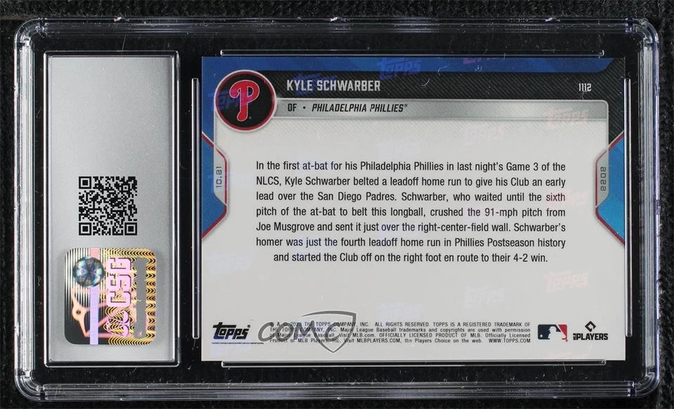 2022 Topps Now NLCS Purple /25 Kyle Schwarber #1112 CSG 9.5 Mint Plus - Image 2 of 2