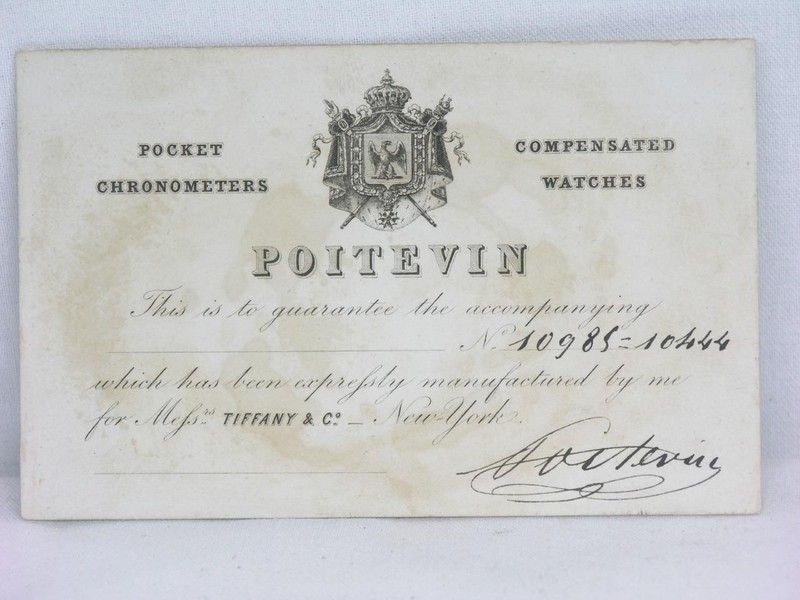 ANTIQUE 1850'S TIFFANY / POITEVIN POCKET WATCH CERTIFICATION CARD / TIME TABLE