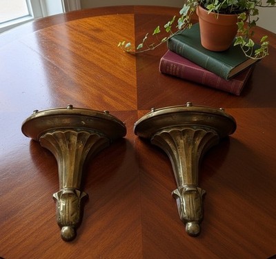 VTG Solid Brass Wall Sconces Pair 10  Heavy Fluted Shelf Regency MCM Patina