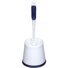 Soft Rubber Handle Toilet Bowl Brush and Caddy Set White and Blue 16.5 Inch