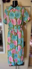 Vtg Montgomery Ward Lounge House Coat Dress Women’s 14 L XL Blue Pink Floral