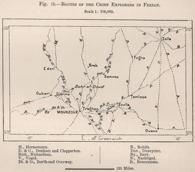 Routes of the chief explorers in Fezzan. Libya 1885 old antique map plan chart