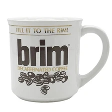 Vintage 1980s Fill it to the Rim With Brim 8 Oz Coffee Mug Cup White Gold Brown