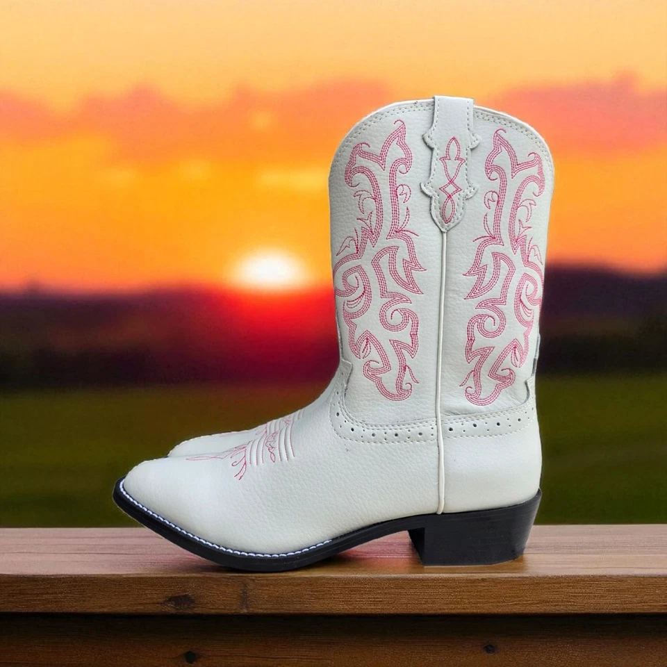 Justin Boots Kids 5.5 D Pink White Blush Leather Embroidered Western Boot JK101 - Image 3 of 4