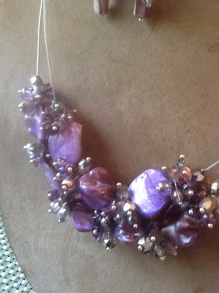 COLLAR/PENDIENTES 16-19" ALAMBRE 2 HILOS IMITACIÓN PÚRPURA CONCHA CRISTAL RACIMO Foto 2 de 4