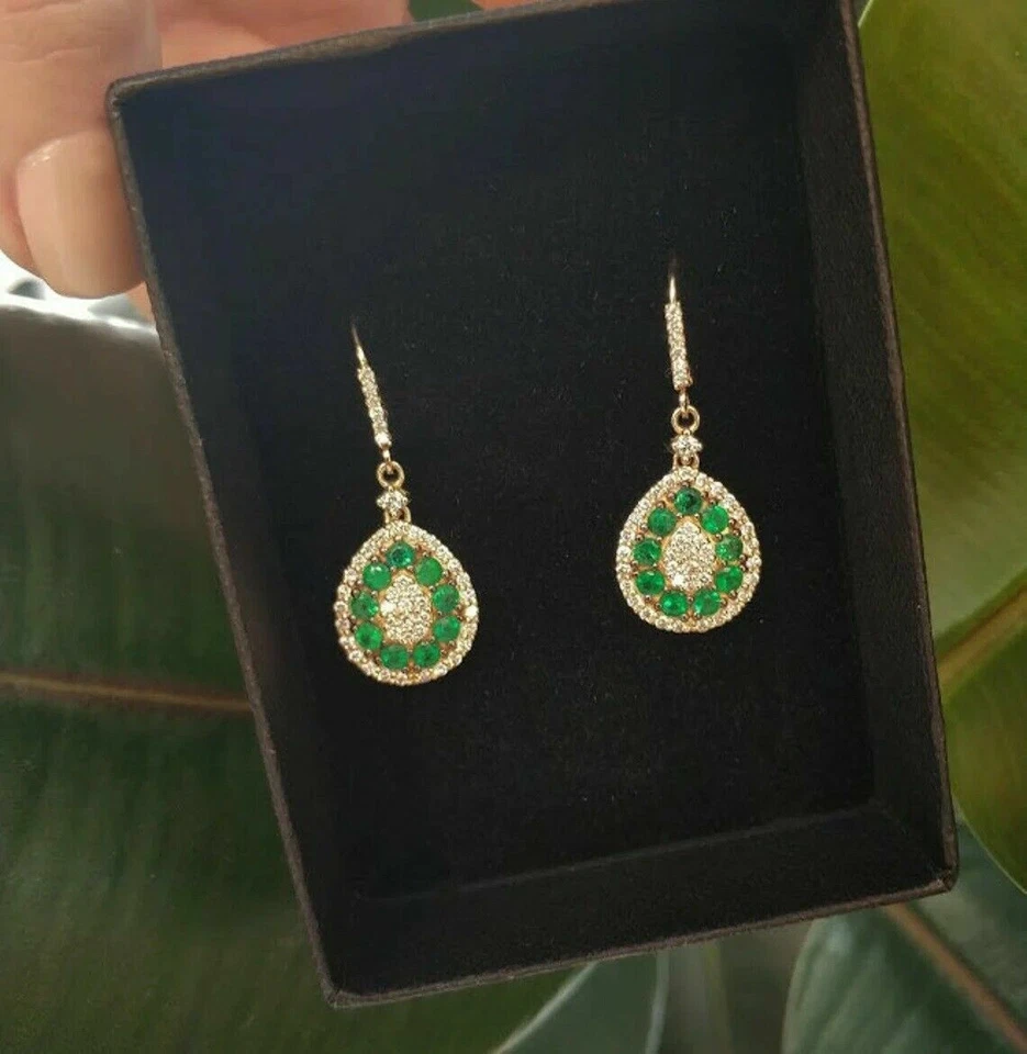 2Ct Lab Created Round Green Emerald Dangle Earrings Solid 14K Yellow Gold Plated - Image 2 of 4