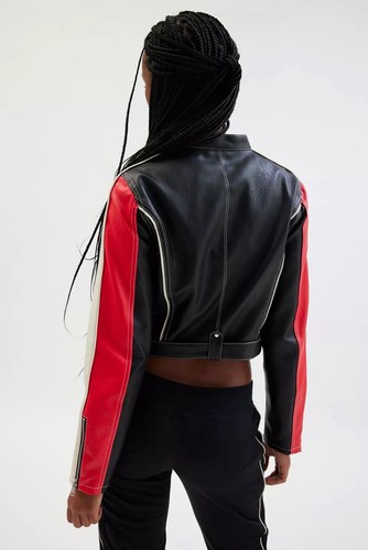 NUEVO CON ETIQUETAS Urban Outfitters UO Imitación Cuero Corredor Motociclista Chaqueta Negra Roja Talla Grande - Imagen 5 de 8