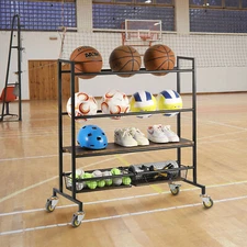 Sports Ball Storage Rack w/ Wire Storage Baskets & Wheels, Gym Ball Trolley Cart