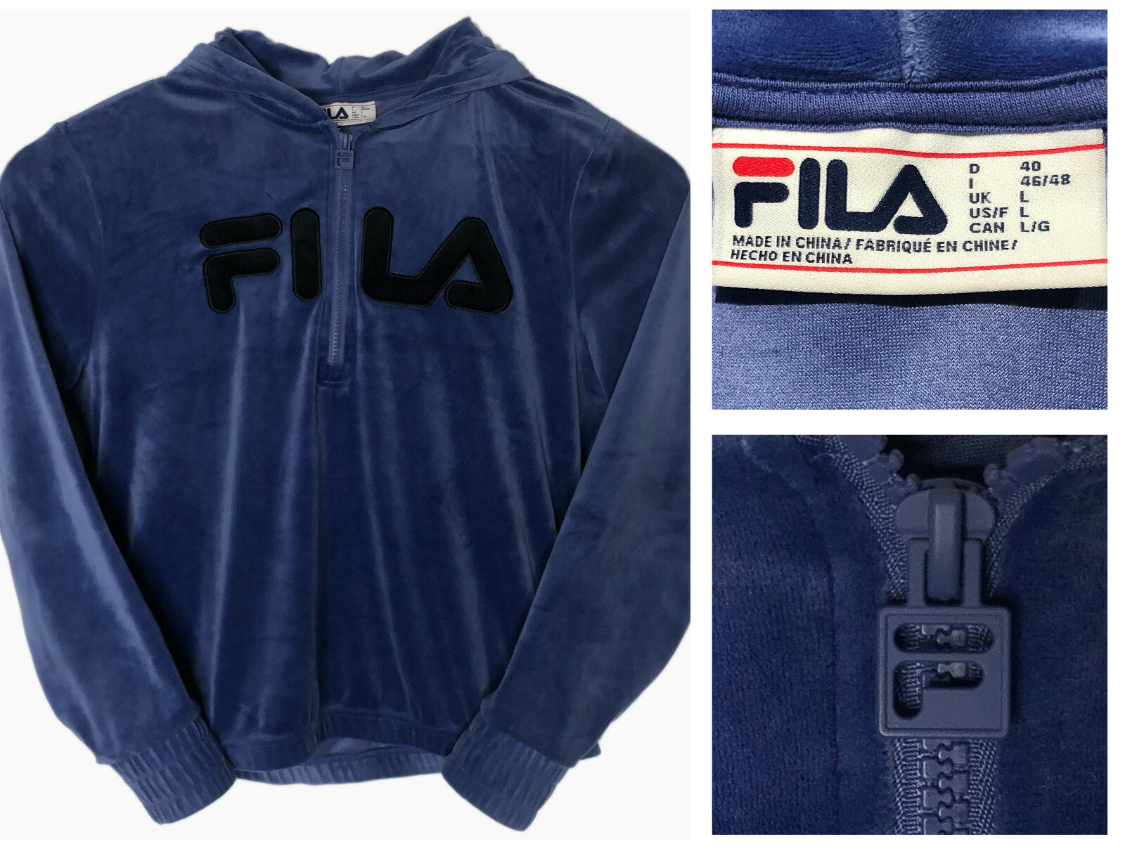 FILA VELOUR donna mirtillo 1 4 zip pullover con cappuccio giacca pista tg L