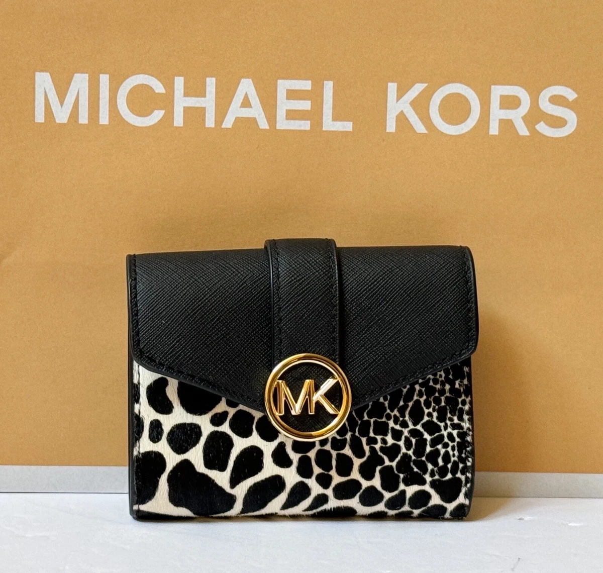 MICHAEL KORS CARMEN FLAP BIFOLD WALLET BLACK MULTI EXOTIC PRINT HAIRCALF