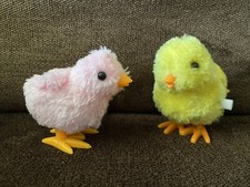 Set Of 2 Vintage Wind Up Toys Hopping Easter Chicks - Yellow  Pink - Work Great