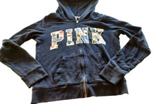 Victoria s Secret PINK Black Tropical Floral Applique Full Zip Hoodie Size S /P
