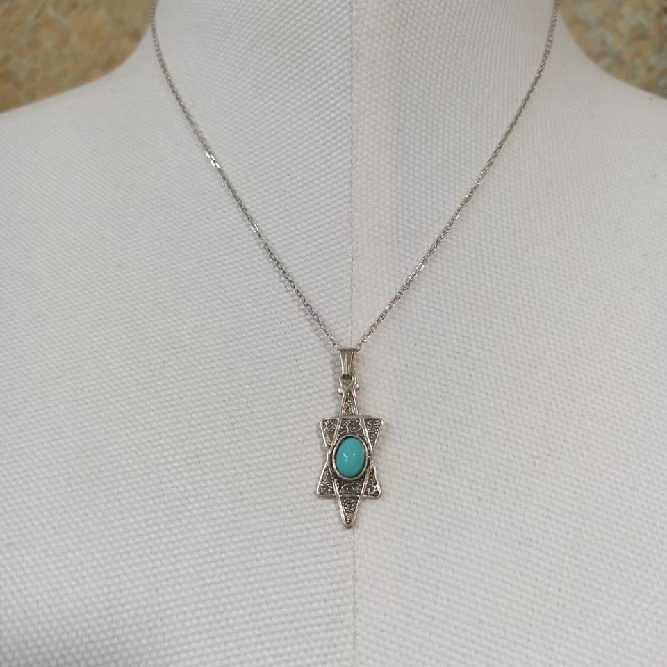 Винтажный серебряный звезда Давида ожерелье бирюзовый синий филигранный мужчин женщин 925 подарок - Изображение 2 из 4