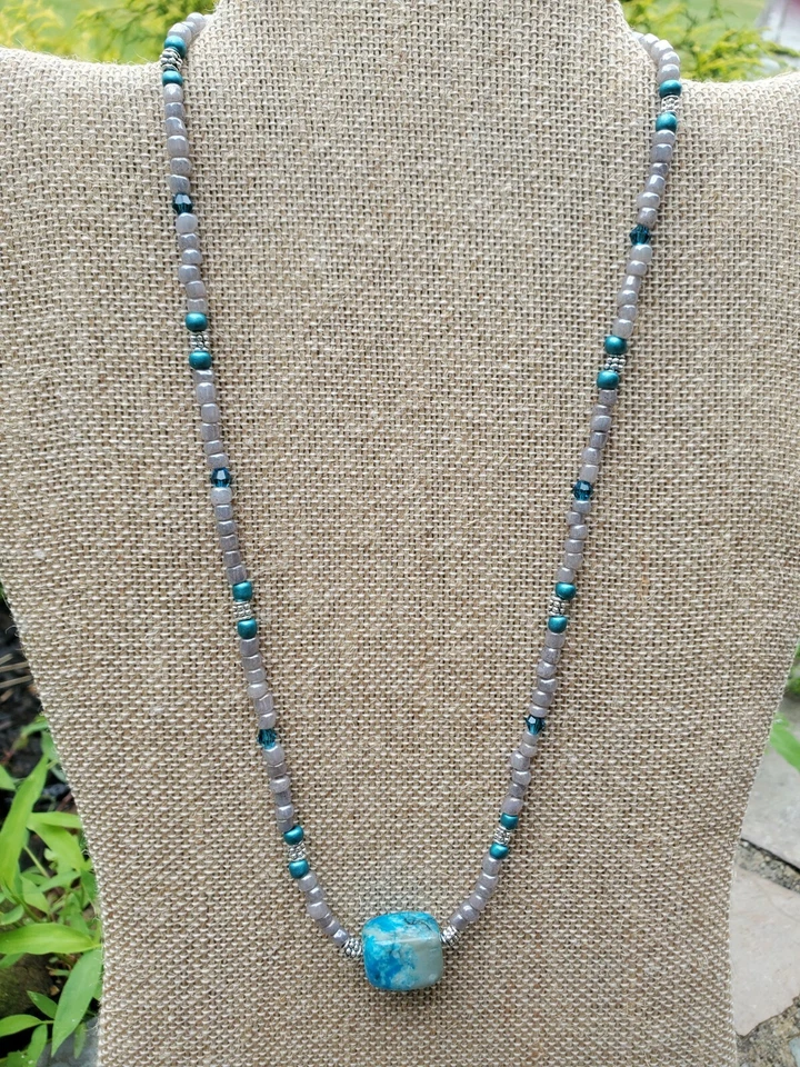 Gargantilla Collar Hippie Boho Cuentas Jaspe Aqua, Turquesa, Gris - Regalo de Moda Foto 2 de 4