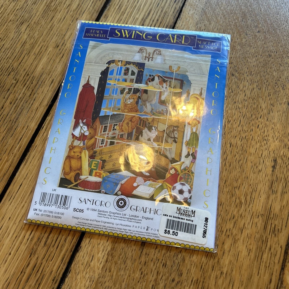 Vtg Santoro Graphics Cats on Bookcase 3D Swing Card Greeting Card SC05 1994 - Image 2 of 3