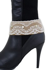 Women Boot Beige Strap Shoe Anklet Charm Bracelet White Flower Lace Fabric Band