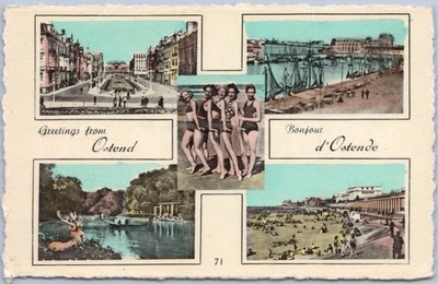 Vintage Postkarte künstlerische Multi-View Strand Frauen Ostende Westflandern Belgien 2. Weltkrieg