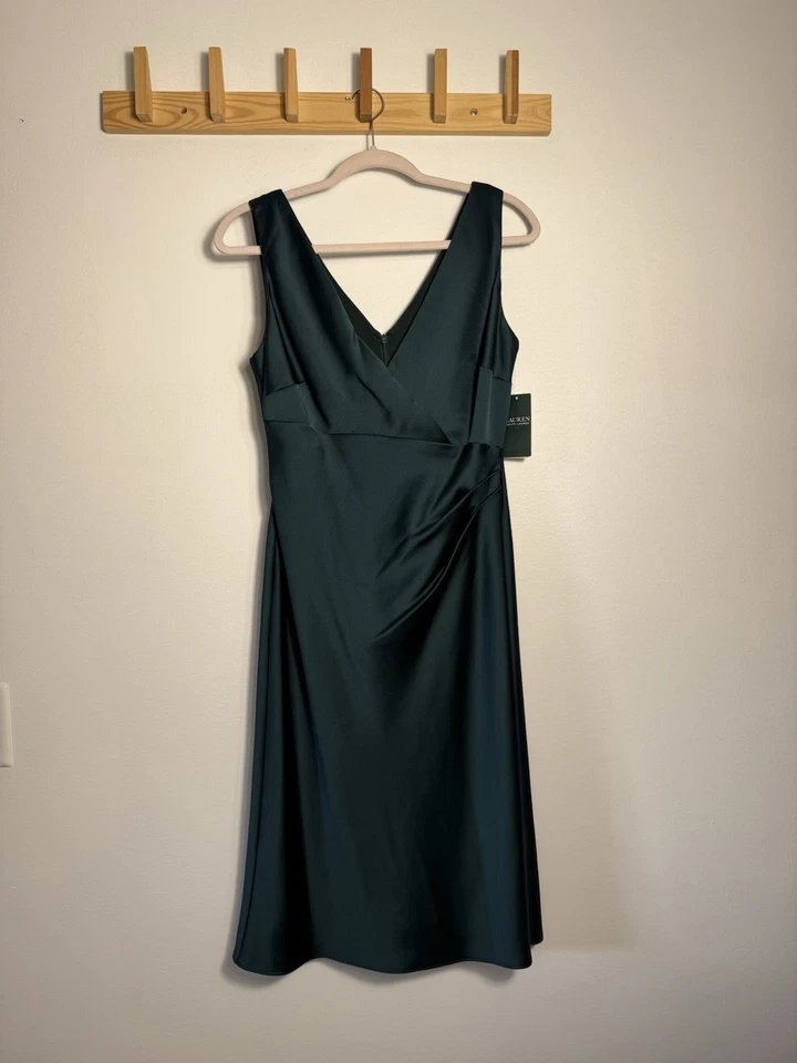 Women's Sleeveless Dark Fern Green Dress Ralph Lauren Size 4 Silk Holiday - Image 3 of 4