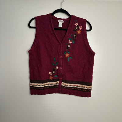 Classic Elements Sweater Vest Women L Burgundy EUC Embroidered Floral Knit Boho