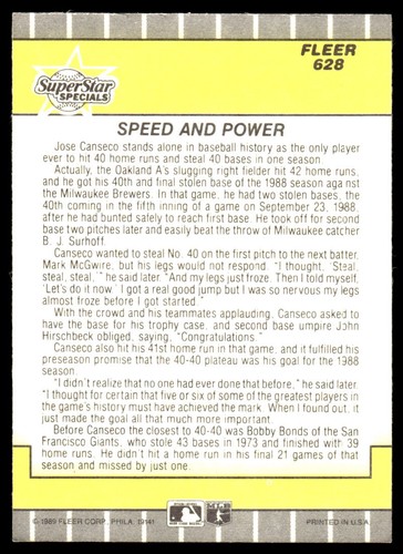 Speed and Power (Jose Canseco) 1989 Fleer #628 Athletics FREE SHIP StackedPacks - Afbeelding 2 van 2
